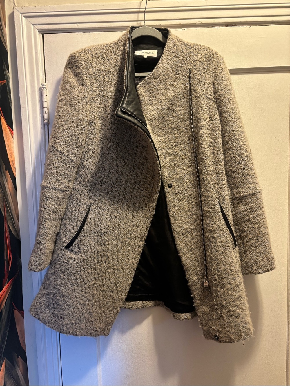 Calvin Klein Women's Gray Tweed Wool-Blend Asymmetrical Zip Coat